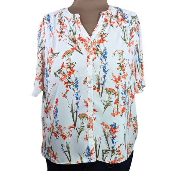 Chico's Tops - Chico's 2 (XL) NWT White Floral Short Sleeve Button Front V-Neck Blouse